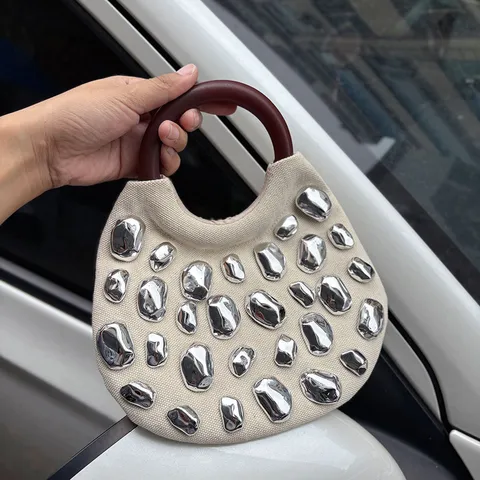 Damen Mode Nieten Handtasche Eimer Tasche Retro Lässig Baumwoll-Leinen Griff Tasche Tägliches Matching Taschen
