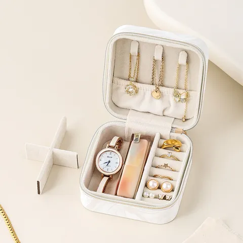 Portable Marble Pattern PU Leather Jewelry Box Travel Mini Jewelry Organizer Case For Rings Earrings Necklaces