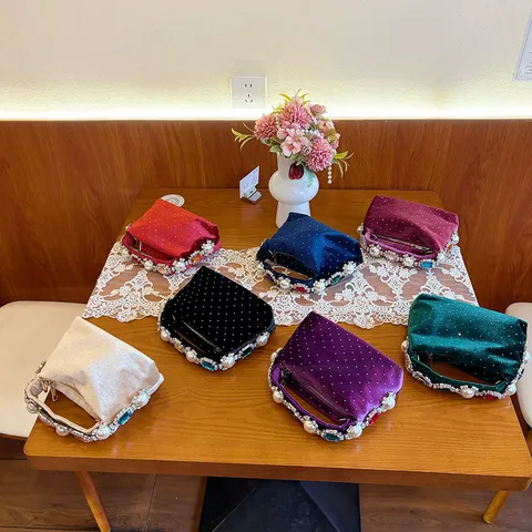 Samt Abendtasche Damen Strass Perle Handtasche Elegante Pünktchen Kissen Clutch Handtasche Bankett Party Tasche