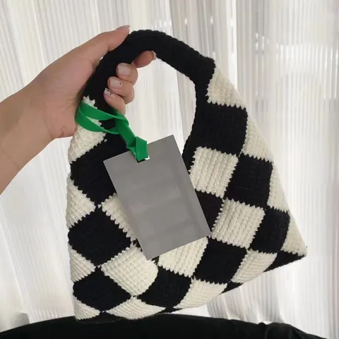Herbst Winter Argyle Häkeln Handgewebte Tote Bag Farblock Baumwolle Strick Umhängetasche Casual Tägliche Shopping Handtasche