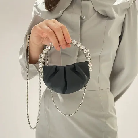 Donna Manico Anello Strass Plissettato Mini Borsa da Sera Pelle PU Pochette Borsa Tracolla Per Festa