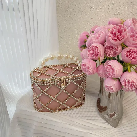 Hohl Diamant Strass Abendtasche Perle Griff Metall Käfig Handtasche Luxus Hochzeit Party Umhängetasche