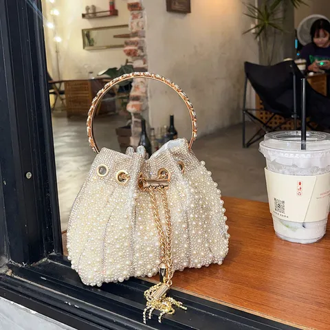 Französischer Stil Minimalistische Künstliche Perle Eimer Tasche Strass Kordelzug Umhängetasche Damen Mode Handtasche