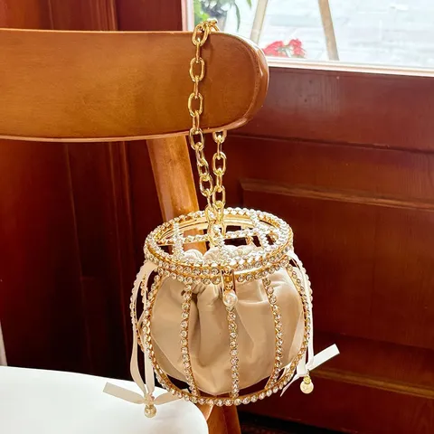 Luxus Metall Strass Hohl Käfig Eimer Tasche Damen Perle Kette Abend Handtasche Umhängetasche