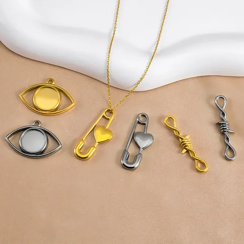 DIY 304 Stainless Steel Evil Eye Heart Safety Pin Charms Electroplated Twisted Thorn Connectors For Jewelry Making Accessories