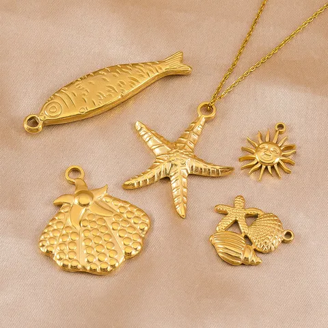 Colgantes de Serie Océano de Acero Inoxidable 304 Colgante de Estrella de Mar Concha Pez Sol Oro Acero DIY Joyería