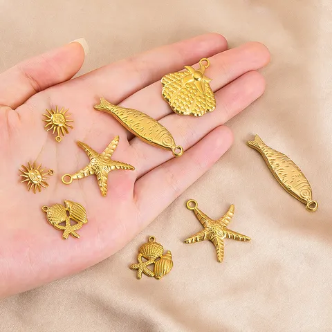 Colgantes de Serie Océano de Acero Inoxidable 304 Colgante de Estrella de Mar Concha Pez Sol Oro Acero DIY Joyería