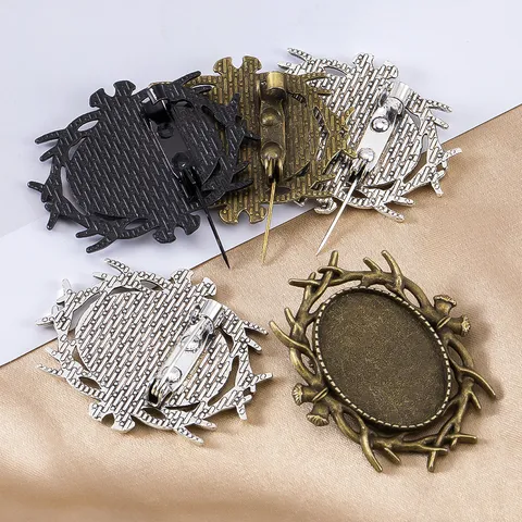 Vintage Alloy Antler Time Gemstone Brooch Base Tray DIY Anime Badge Pendant Blank Bezel Accessories Fashion Jewelry