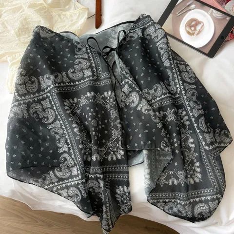 Women Vintage Paisley Print Layering Skirt Wrap Shirt Extender Tie-up Scarf Waist Apron Floral Pattern Lightweight Scarf