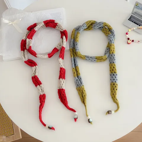 Écharpe en Maille Color Block Tendance Style Coréen pour Femmes Écharpe Fine avec Perles en Bois Accessoires Mode Été