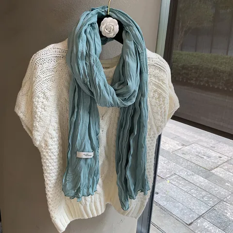 Korean Style Pleated Scarf For Women Solid Color Elegant Long Shawl Minimalist Lightweight Polyester Pashmina Spring Accessory
