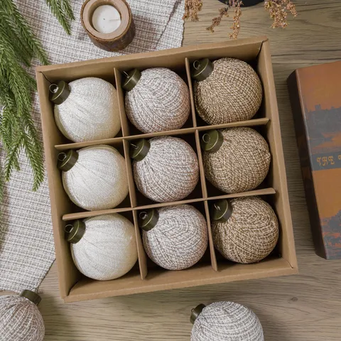 Christmas Ball Ornaments Set Linen Fabric Covered Baubles With Vintage Metal Cap For Xmas Tree Holiday Home Party Decor