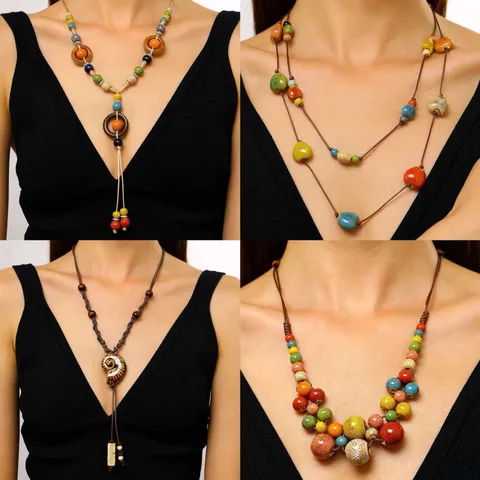 Bohemian Style Colorful Ceramic Beaded Necklace Vintage Ethnic Handmade Long Clavicle Chain Jewelry For Women
