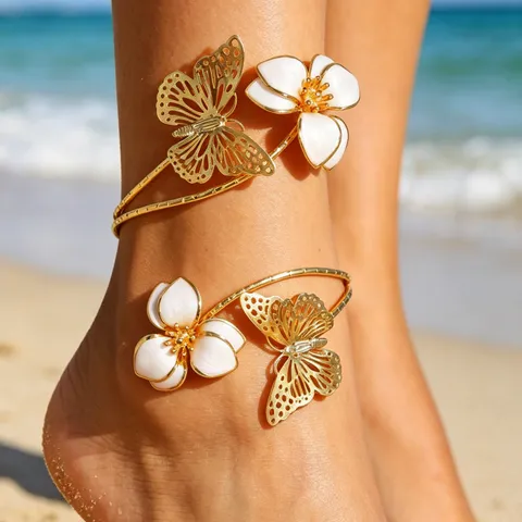 Dames Strandvakantie Enkelbandje Verguld Metaal Open Manchet Voetsieraden Vlinder Bloem Zeester Verstelbaar Enkelarmband