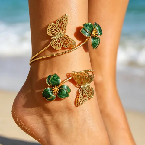 Dames Strandvakantie Enkelbandje Verguld Metaal Open Manchet Voetsieraden Vlinder Bloem Zeester Verstelbaar Enkelarmband