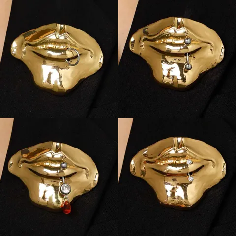 Exaggerated Lip Brooch Surrealist Gold Plated Alloy Rhinestone Piercing Lips Pin Fashion Clothing Bag Decor Jewelry