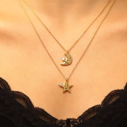 Collana con Pendente Stella Luna Viso Sorridente in Rame e Zircone Moda Catena di Clavicola Doppio Strato Gioielli Per Donne