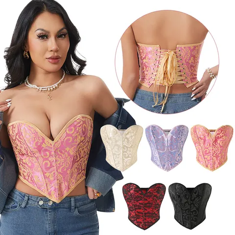 Women's Vintage Court Style Jacquard Corset Top Strapless Lace-up Back Push Up Bustier Slimming Body Shaper For Party Daily Wear