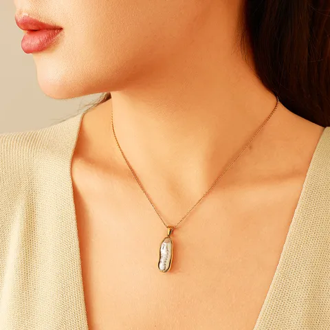 French Style Stainless Steel Necklace 18K Gold Plated Irregular Artificial Pearl Pendant Geometric Adjustable Chain Jewelry