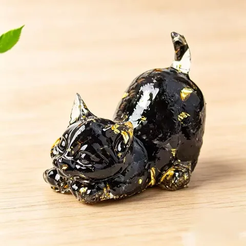 Natural Crystal Gravel Epoxy Resin Tail-up Cat Ornament Desktop Figurine For Home Office Decor Cute Kitten Statue Handmade Gift