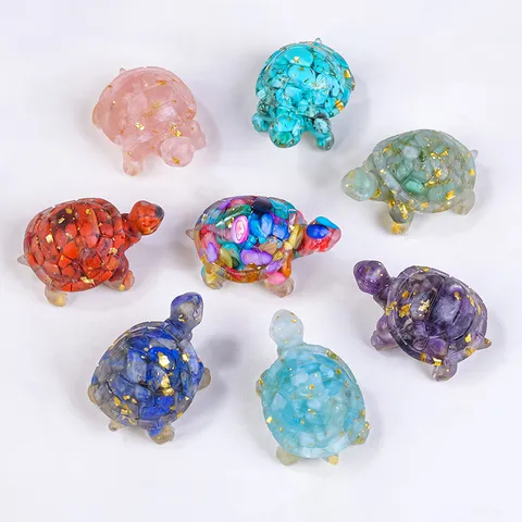 Natural Crystal Chips Turtle Ornament Resin Casting Animal Figurine Gold Foil Accents Car Desktop Table Decorative Craft