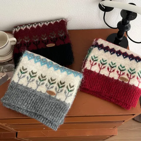 Fair Isle Navidad Rojo Tejer Lana Bufanda Mujer Invierno Espesado Cálido Chal Moda Calentador de Cuello