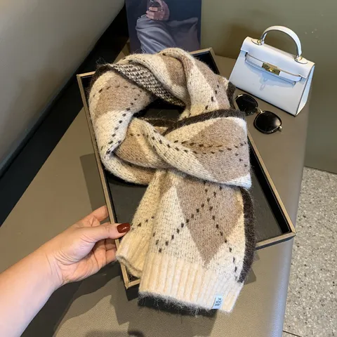 Bufanda Cálida de Invierno Patrón de Rombos Acrílico Borlas Cuello Para Mujeres