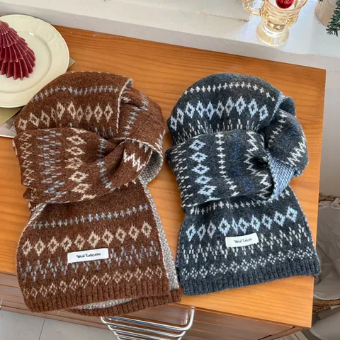 Bufanda de Lana de Otoño Invierno Patrón Geométrico Fair Isle Cálido Retro Dulce Casual Tejido Corto