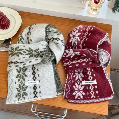 Bufanda de Lana Cálida de Invierno para Mujer Patrón de Copo de Nieve Diamante Borla Fleco Elegante Bufanda Casual para el Cuello