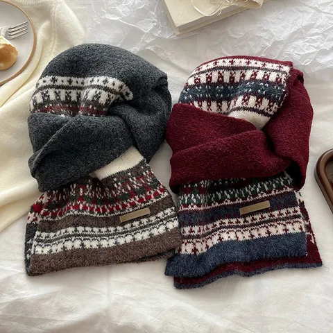 Bufanda de Punto Cálida de Invierno para Mujer Patrón Geométrico Fair Isle Espesa Suave Acrílico Moda Bufanda Larga para Cuello