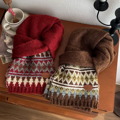 Bufanda de Punto de Invierno Cálida y Espesa con Bloque de Color Geométrico Retro Fair Isle