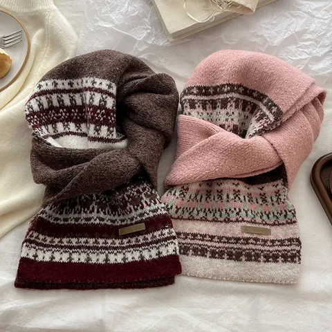 Bufanda de Punto Cálida de Invierno para Mujer Patrón Geométrico Fair Isle Espesa Suave Acrílico Moda Bufanda Larga para Cuello