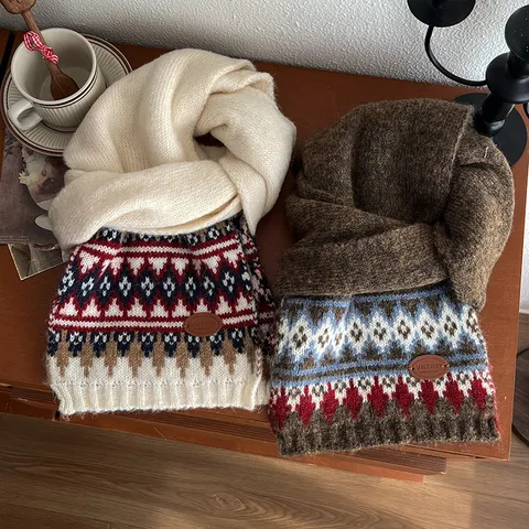 Bufanda de Punto de Invierno Cálida y Espesa con Bloque de Color Geométrico Retro Fair Isle