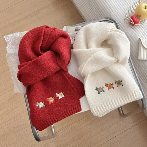 Bufanda de Punto Cálida de Otoño e Invierno Lindo Bordado de Pony de Dibujos Animados Color Sólido Suave Pañuelo Unisex Estudiante