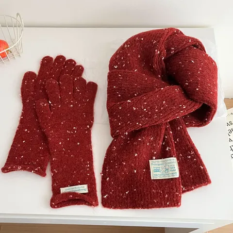 Women Winter Warm Wool Blend Scarf And Gloves Set Colorful Dot Knitted Fashion Casual Cold Weather Accessories