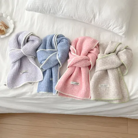 Bufanda de Punto Cálida de Invierno para Mujer Bufanda Larga Suave de Color Sólido con Borde en Contraste Informal Dulce Diaria