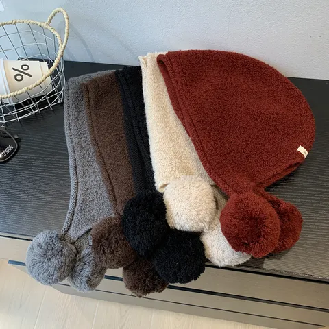 Sombrero Pasamontañas de Lana Tejida Cálida de Invierno para Mujer Bufanda con Capucha Cortavientos con Pompones Dobles Gorro Casual