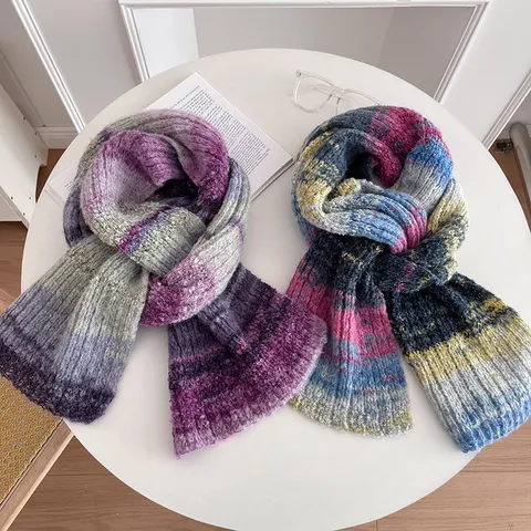 Bufanda Tejida Cálida de Invierno para Mujer Vintage Pintura al Óleo Color Degradado Espesada Suave Bufanda Calentador de Cuello Moda Casual