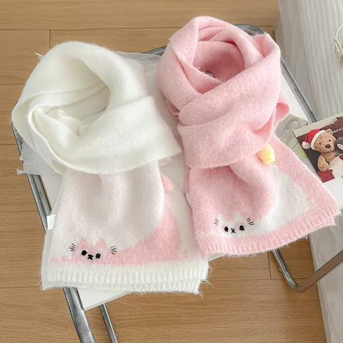Bufanda De Punto Cálida De Invierno Para Mujer Lindo Bordado De Gato De Dibujos Animados Forro Polar Suave Cálido