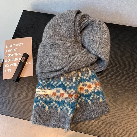 Bufanda de Punto Jacquard Fair Isle Para Mujer Chal de Invierno Cálido y Espesado Patrón Geométrico Casual Calentador de Cuello