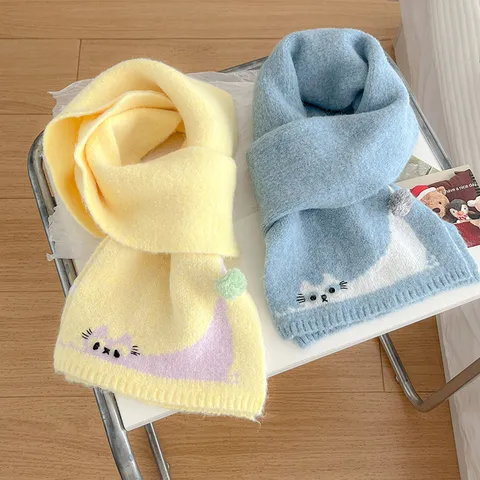 Bufanda De Punto Cálida De Invierno Para Mujer Lindo Bordado De Gato De Dibujos Animados Forro Polar Suave Cálido