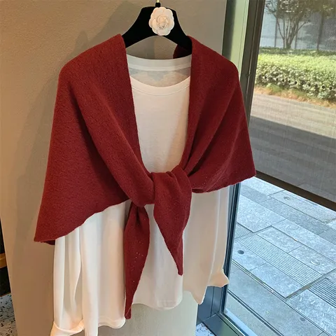 Bufanda Triangular de Lana para Mujer Color Sólido Chal de Punto Calado Invierno Cálido Envoltorio para Cuello Accesorios Diarios