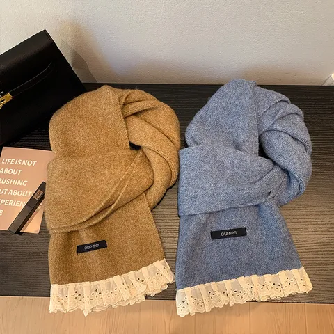 Bufanda de Punto de Invierno Unisex Cálida Poliéster Estilo Princesa Dulce Ribete de Encaje Pañuelo Largo Accesorios de Moda para Mujeres Hombres