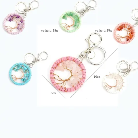 Handmade Natural Crystal Tree Of Life Keychain Wire Wrapped Gemstone Chips Bag Pendant Key Ring For Women Men Jewelry Gift