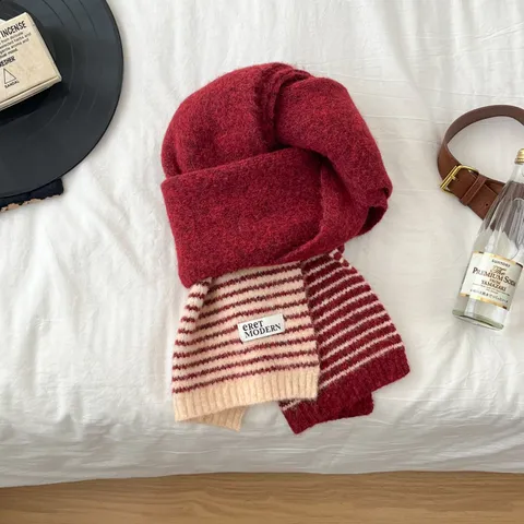 Bufanda de Punto A Rayas Cálida de Invierno para Mujer Casual Colorblock Gruesa Suave