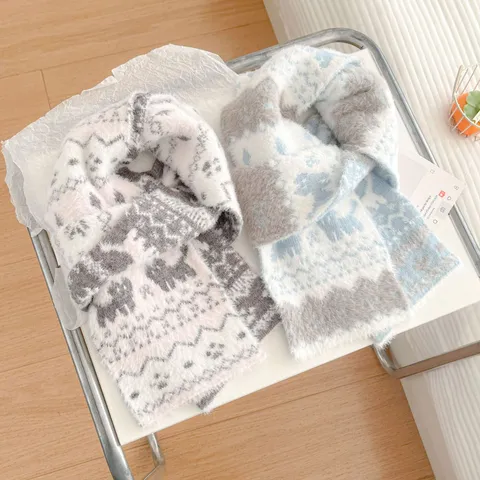 Mujer Invierno Cálido Fair Isle Bufanda Tejida Lindo Patrón de Cachorro Suave Forro Polar Bufanda de Cuello Largo Accesorios de Invierno
