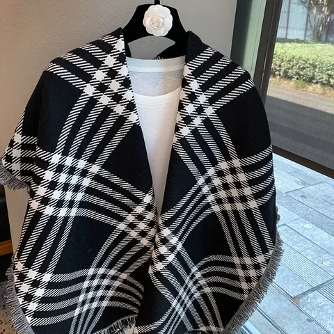 Bufanda Clásica a Cuadros Para Mujeres Invierno Cálido Chal de Borlas Hilo Hilado con Núcleo Versátil Suave Elegante Bufanda Larga