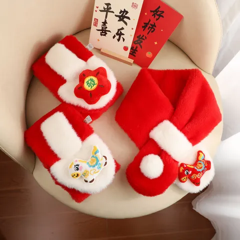 Bufanda de Invierno para Niños de Piel de Conejo Sintética Año Nuevo Rojo Bordado de Caballo Suave Cálida Cuello Niños Niñas