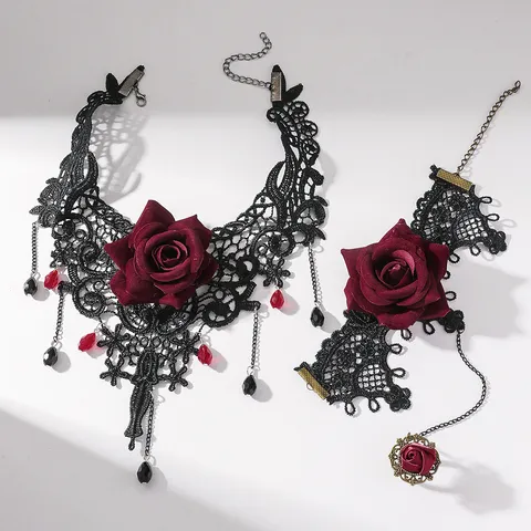 Gothic Black Lace Flower Jewelry Set For Women Vintage Rose Choker Necklace Bracelet Ring Set Halloween Costume Party Accessories