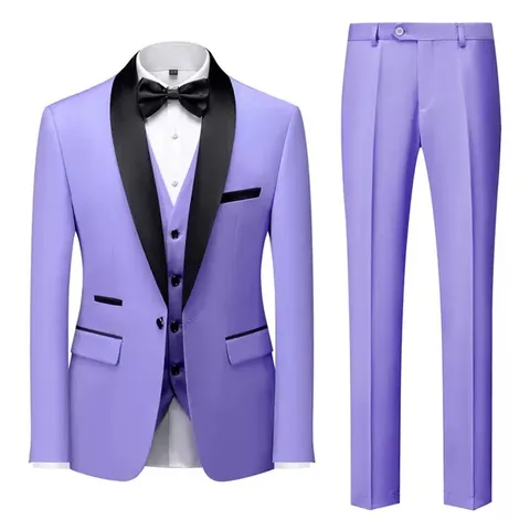 Men Polyester Slim Fit Suit Set With Blazer Vest And Pants Shawl Collar Single Breasted Wedding Party Business Suit Tuxedo